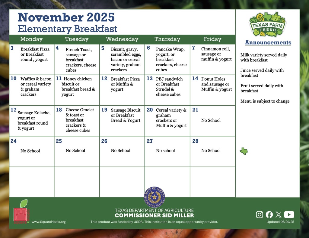 november elementary breakfast menu