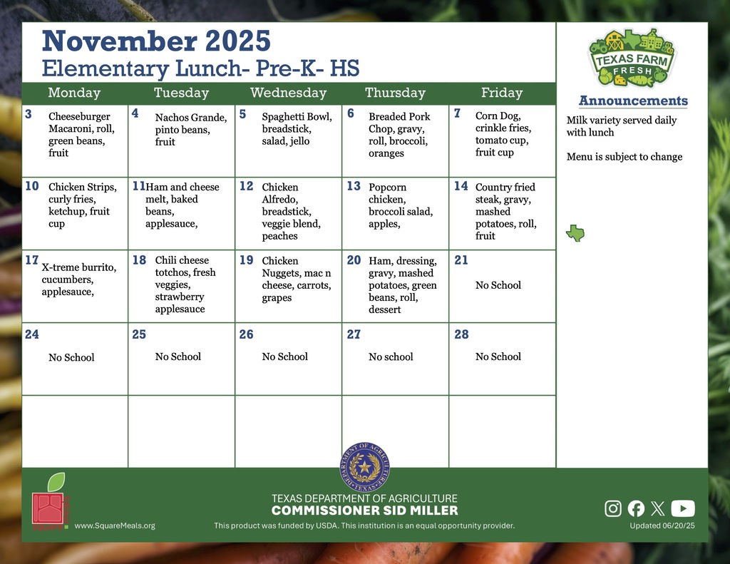 november elementary pre k head start lunch menu