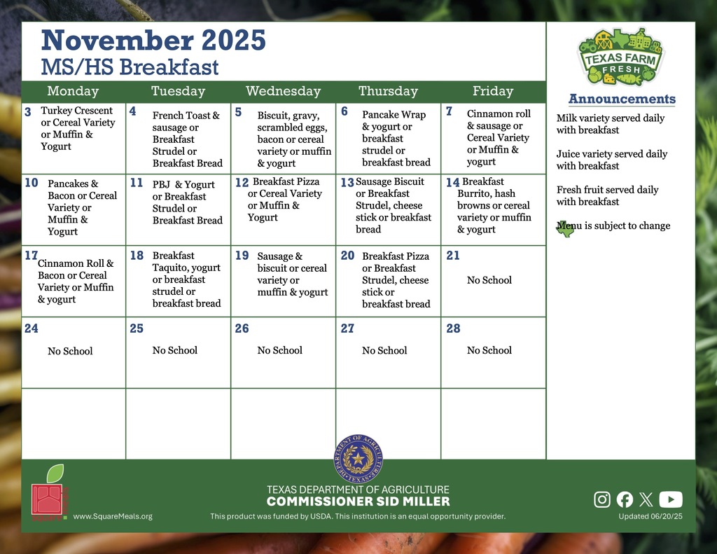 middle school and high school november breakfast menu