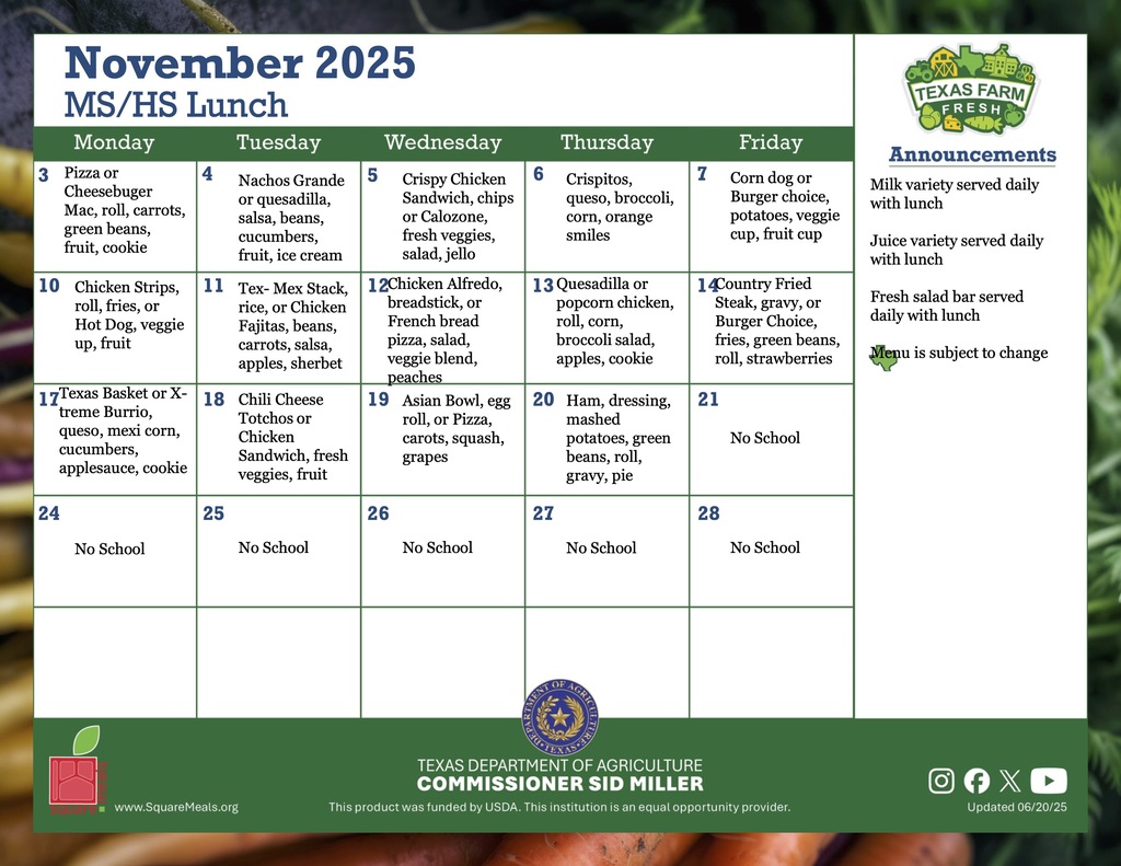 middle school and high school november lunch menu
