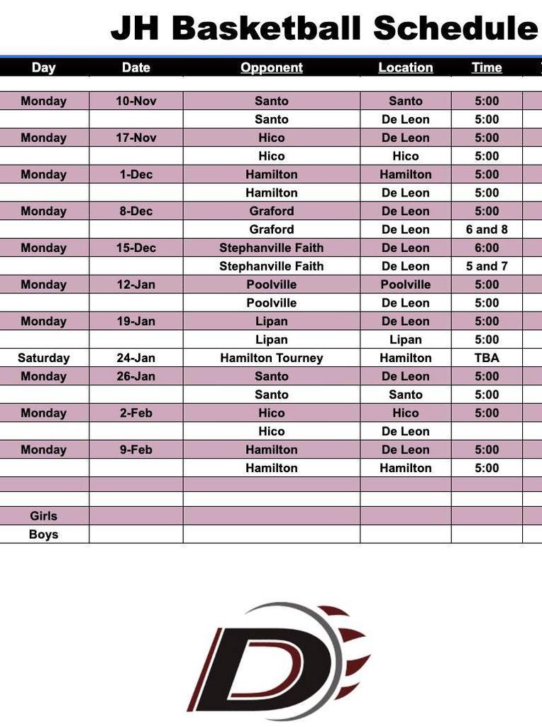 JH boys basketball schedule