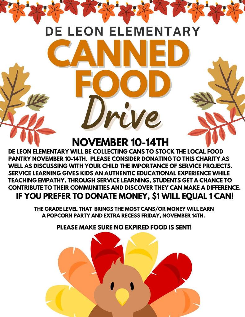 de leon elementary canned food drive november 10th to 14th flyer