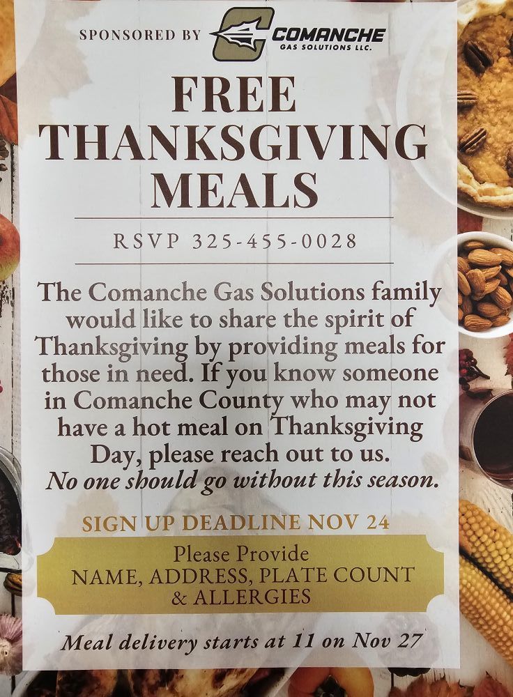 free thanksgiving meals sponsored by comanche gas solutions llc flyer