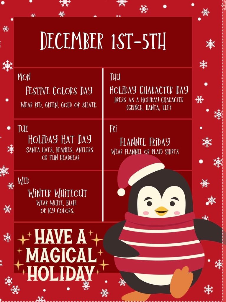 middle school dress up days for week of december 1st to the 5th