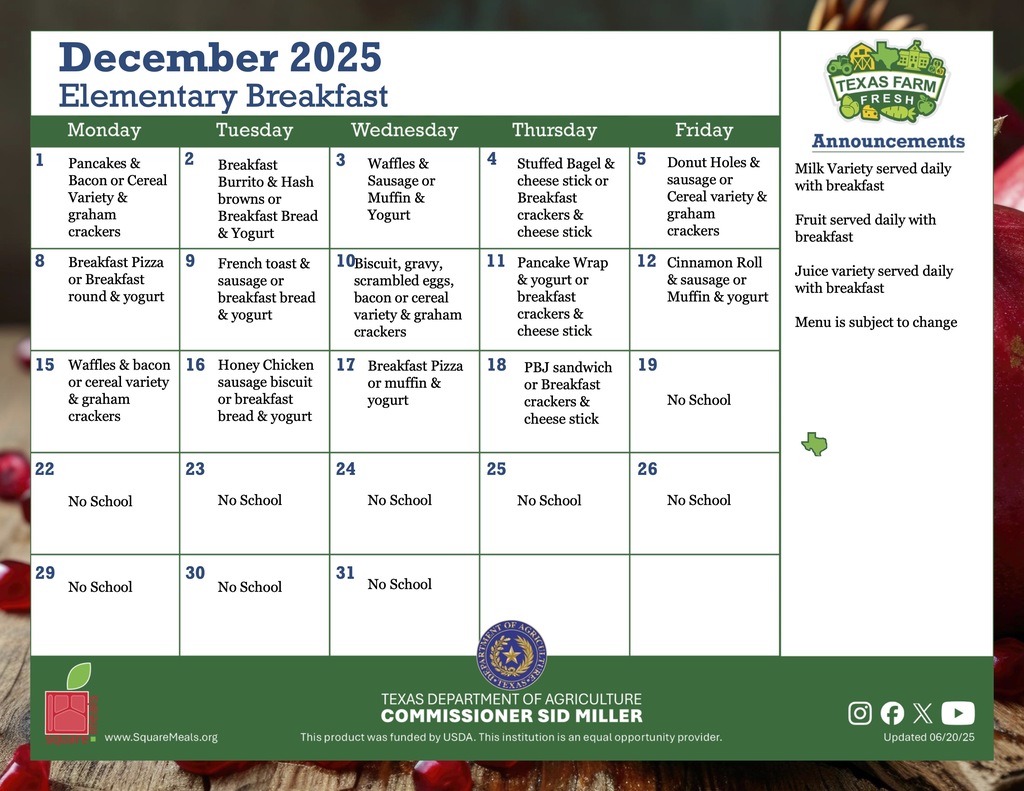 DES December breakfast menu