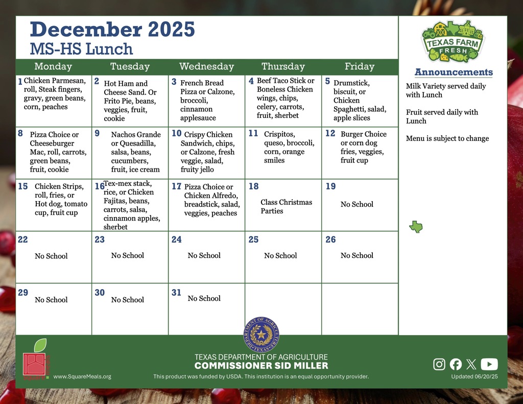 ms and hs december lunch menu