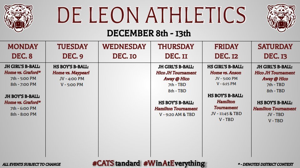 de leon athletics week at a glance schedule