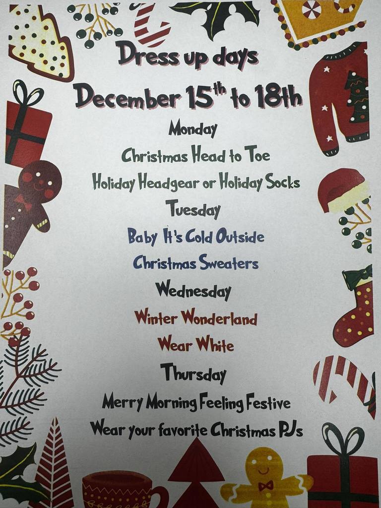 des dress up days for december 15th to 18th 