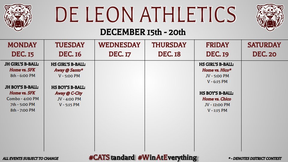 de leon athletics week at a glance graphic