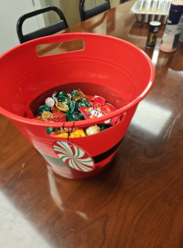 red bucket of chocolate