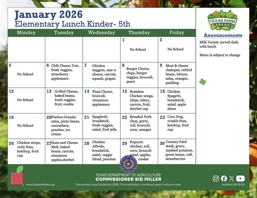 january elementary lunch menu