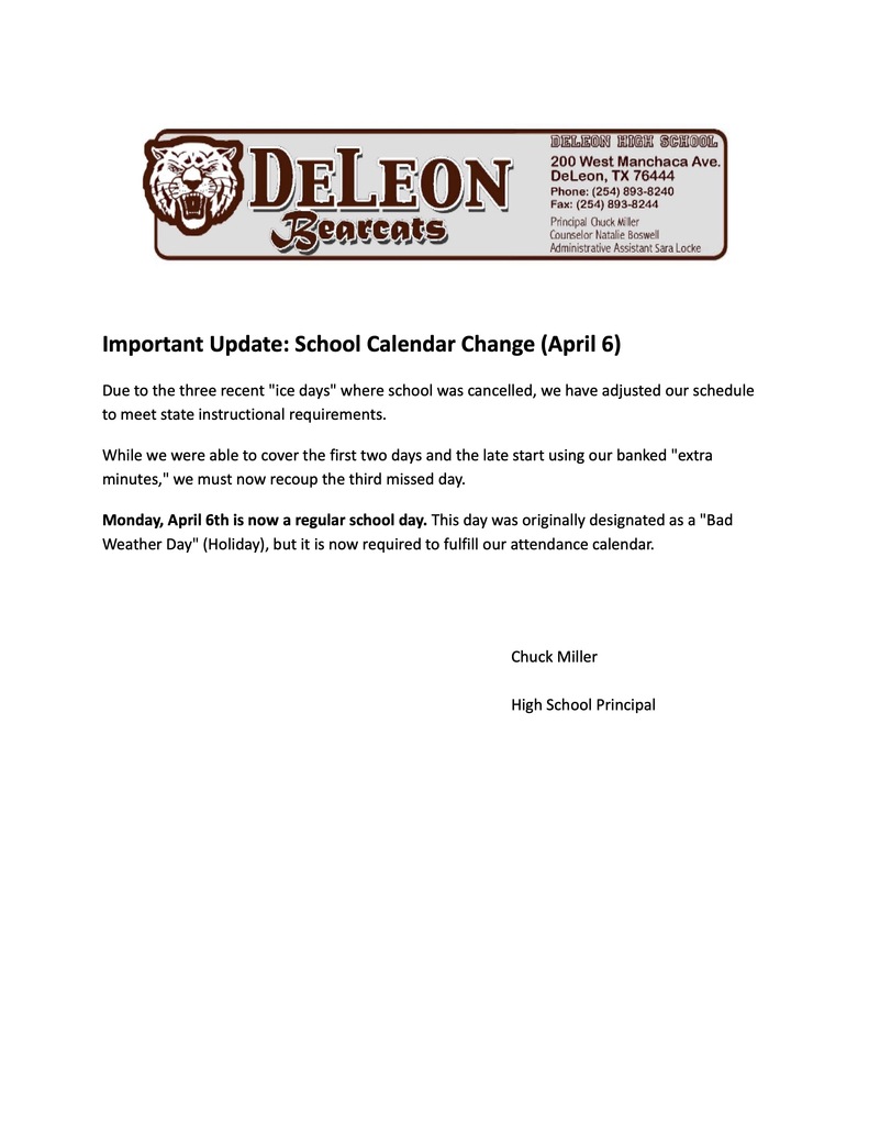 calendar change for april 6 letter to parents