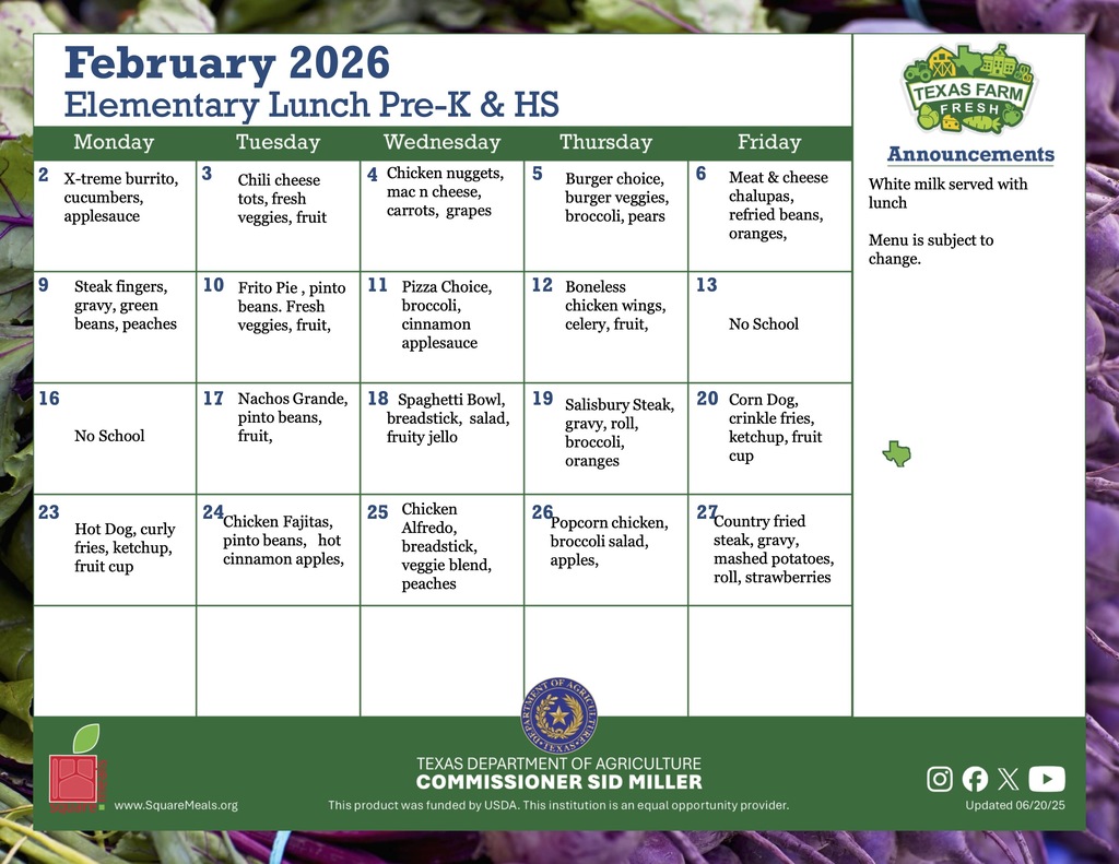 february elementary lunch menu