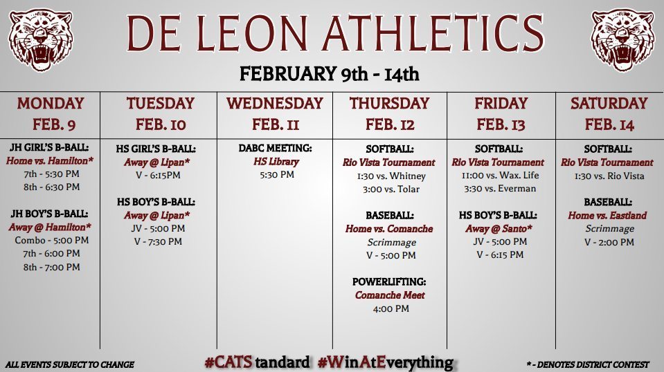 de leon athletics week at a glance graphic