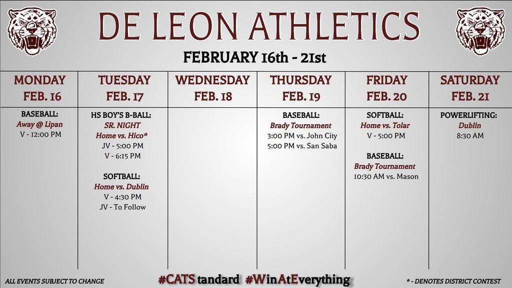 de leon athletics week at a glance graphic