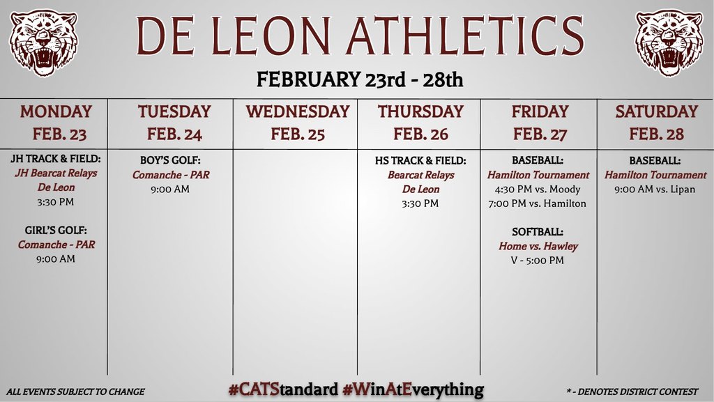 de leon athletics week at a glance graphic