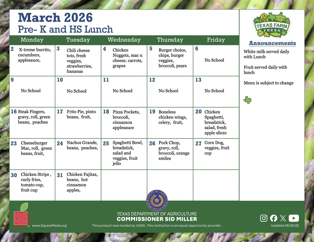 march pre k and hs lunch menu