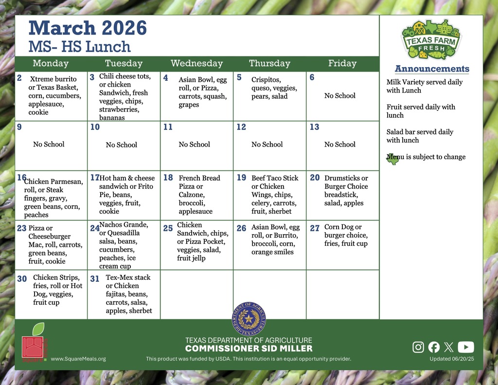 march MS and HS lunch menu