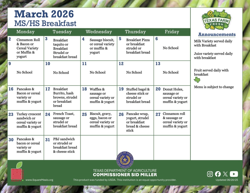 march MS and HS breakfast menu