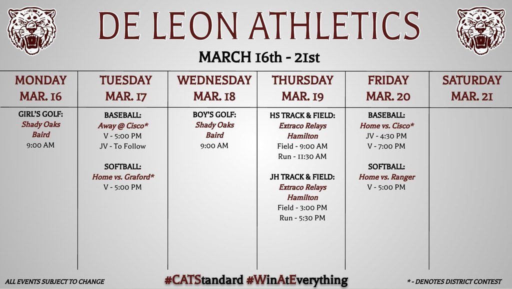 de leon athletics march 16th through 21st graphic