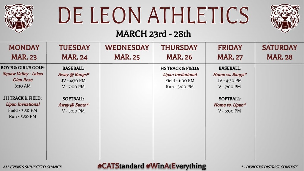 de leon athletics week at a glance graphic