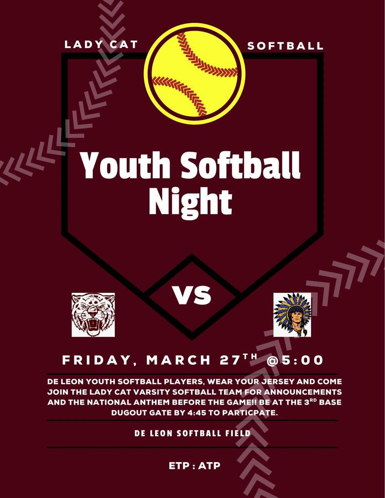 youth softball night verses lipan friday march 27th at 5 pm 