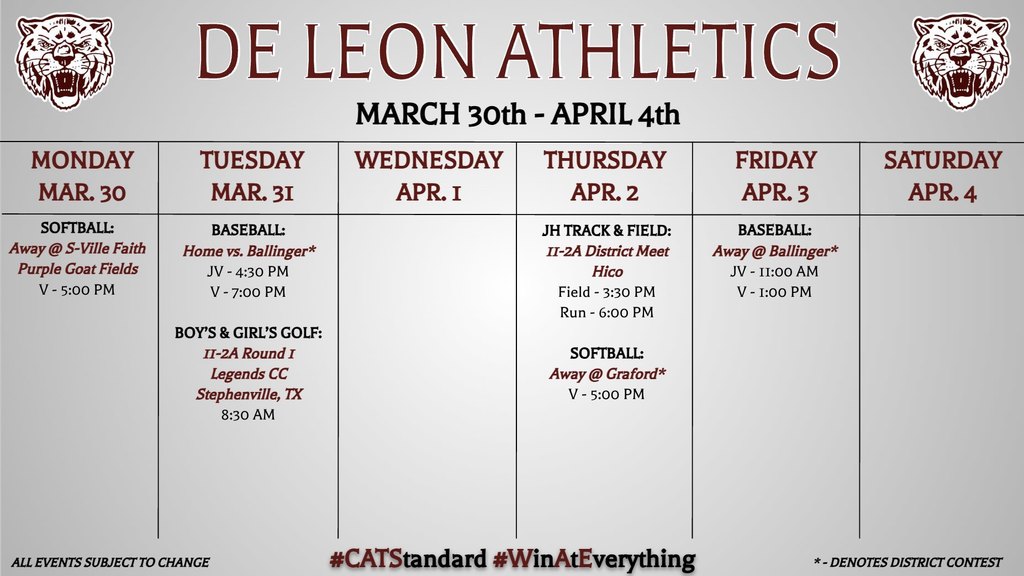 week at a glance for de leon athletics