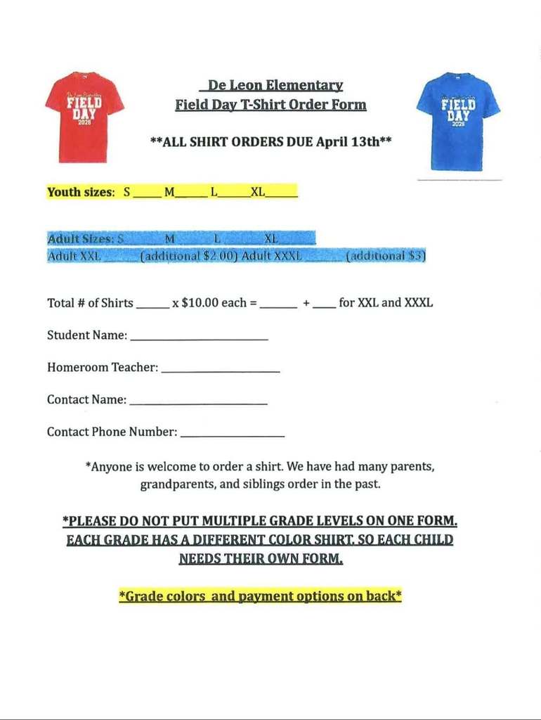 des field day t shirt order form