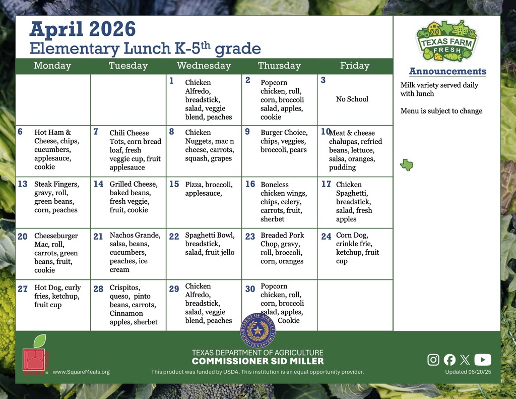 april elementary lunch menu
