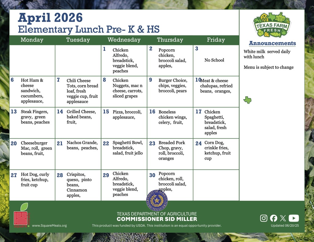 april pre k and head start lunch menu