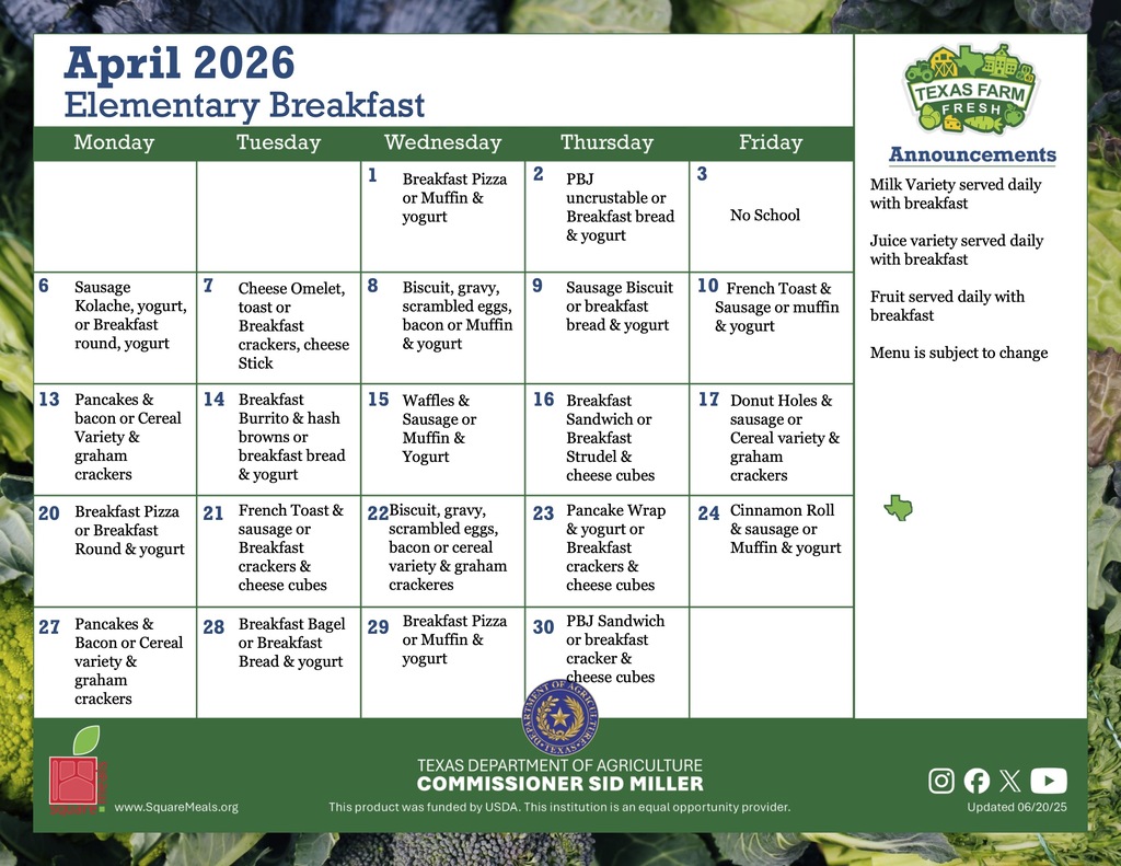 april elementary breakfast menu
