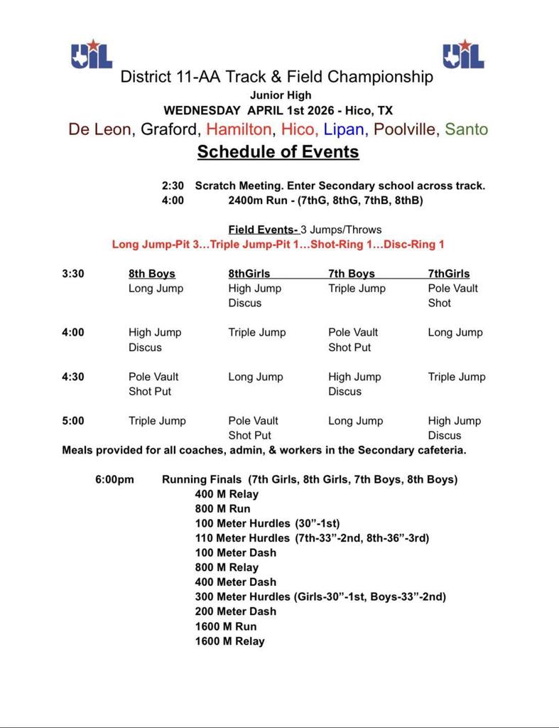 jr high district track meet schedule of events