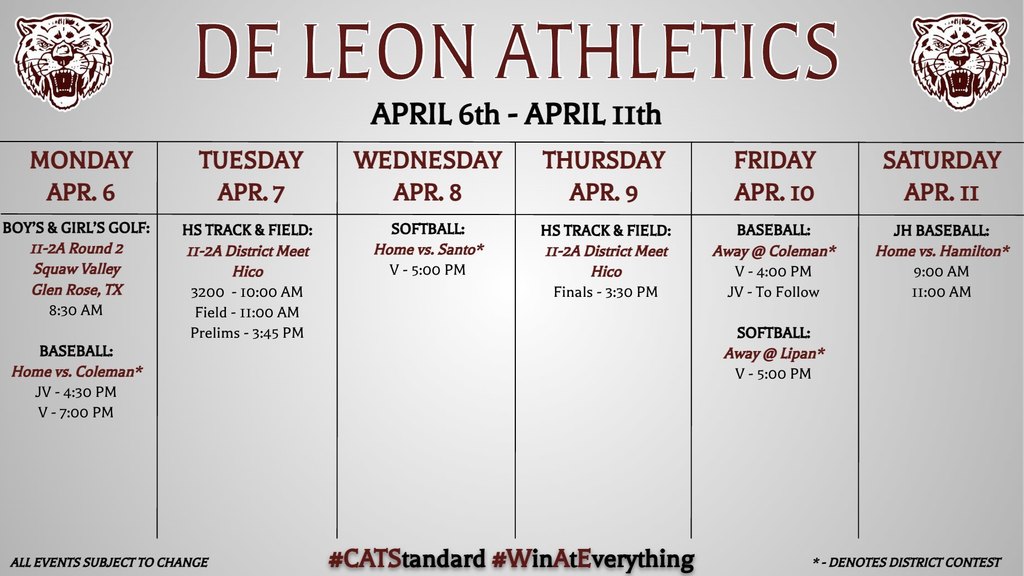 week at a glance de leon athletics events
