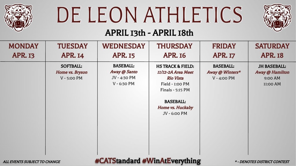 athletics week at a glance calendar of events for the week