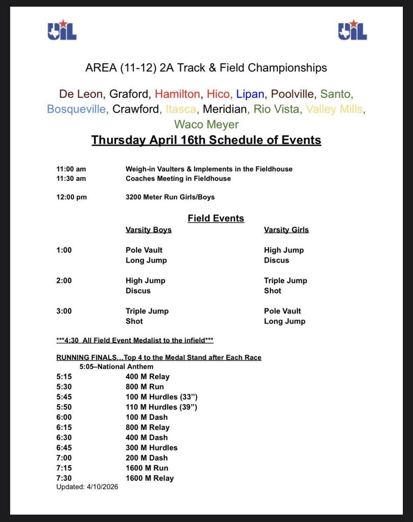 AREA TRACK MEET SCHEDULE OF EVENTS TEXT
