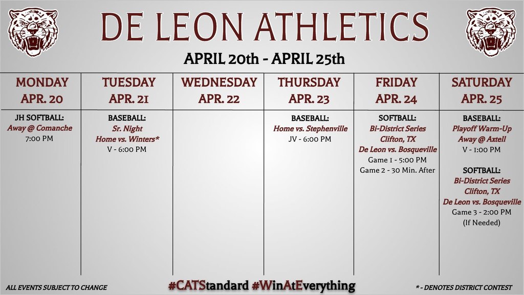 de leon athletics week at a glance calendar graphic