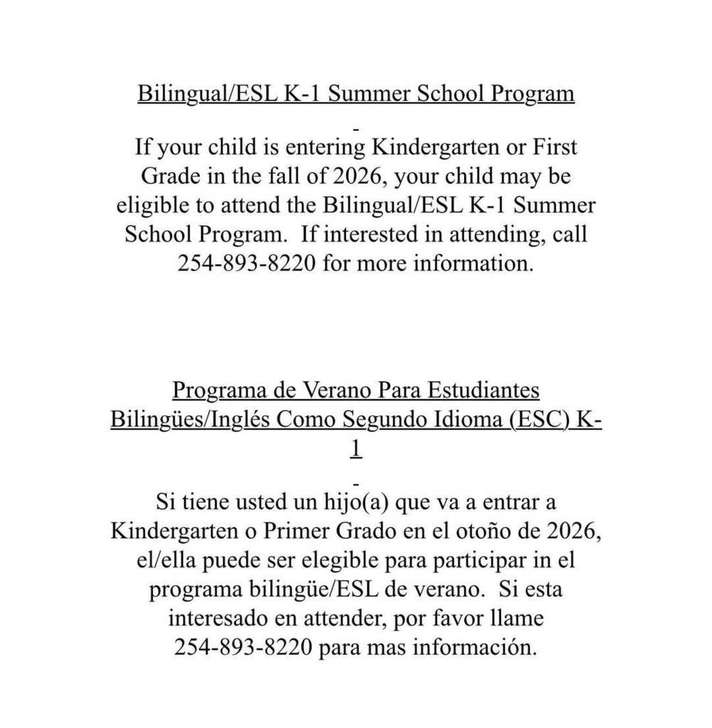 bilingual esl k-1 summer school program information text 