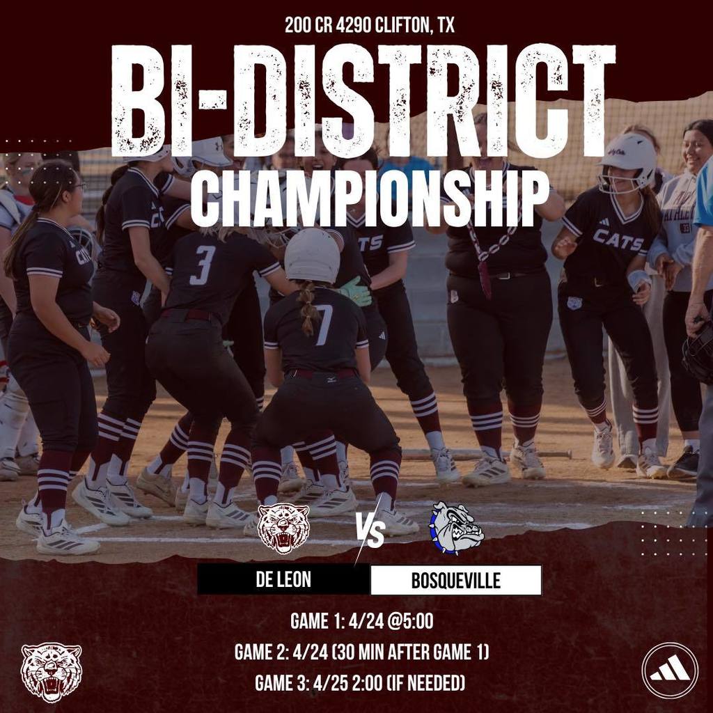 bi district championship softball flyer vs bosqueville friday 4/24 at 5 pm text flyer