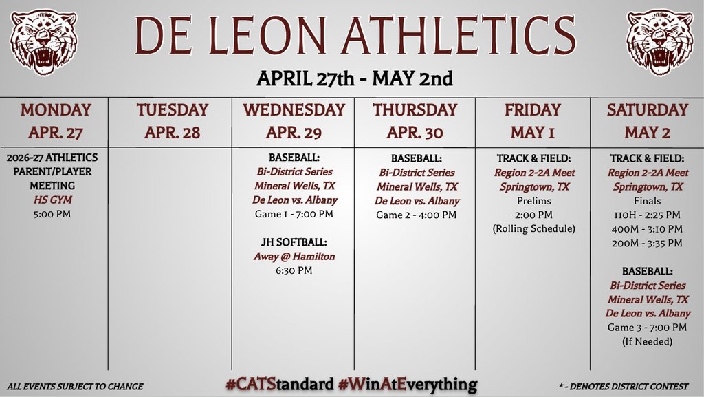 de leon athletics week at a glance calendar graphic