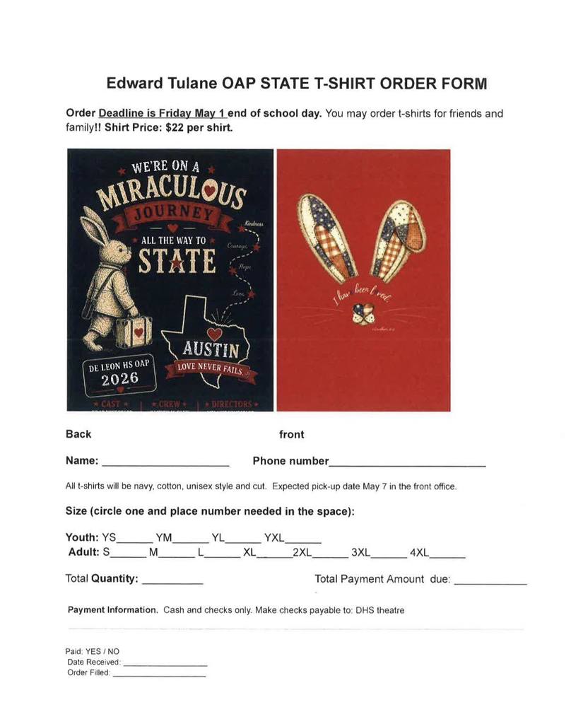 OAP state t shirt order form