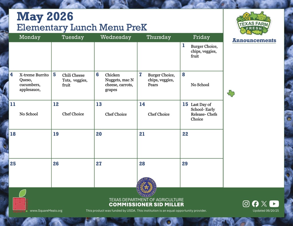 may elementary lunch menu for pre k and head start