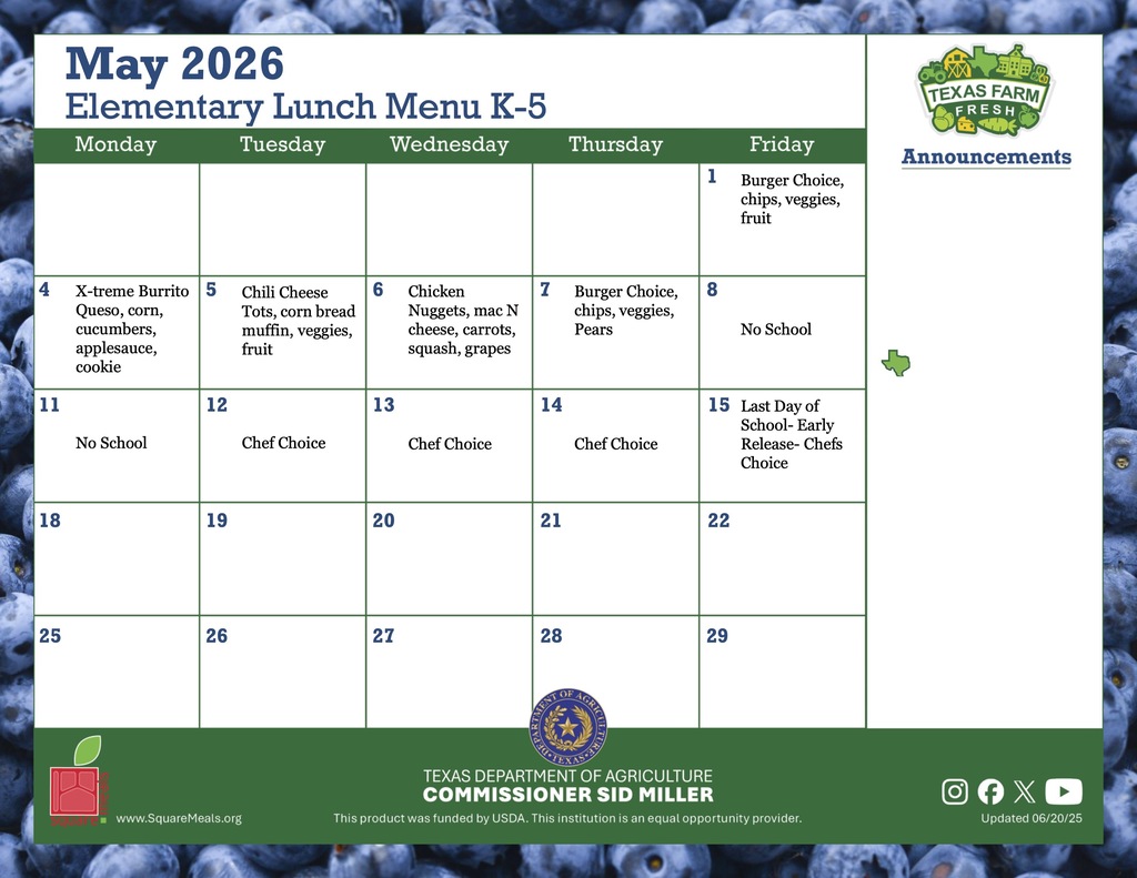 may elementary lunch menu for k through 5