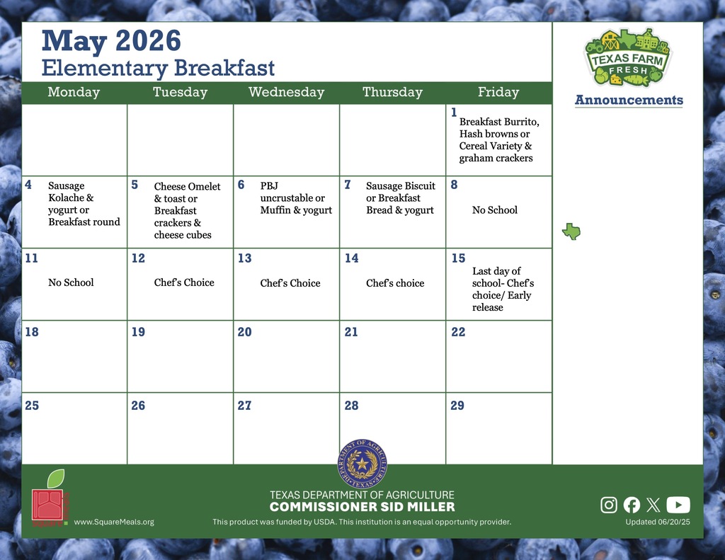 may elementary breakfast menu