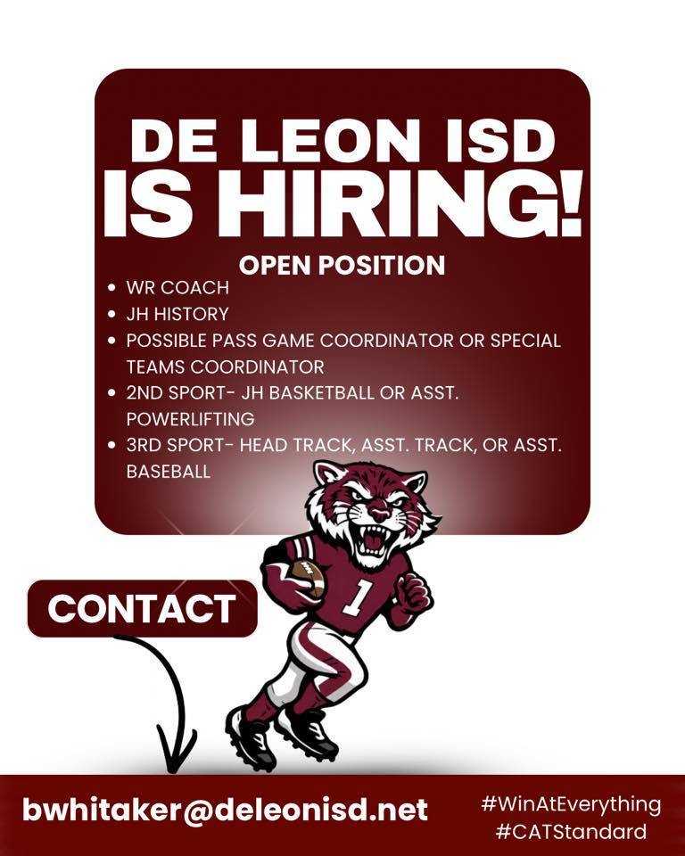 de leon isd is hiring! wide receiver coach position open text graphic