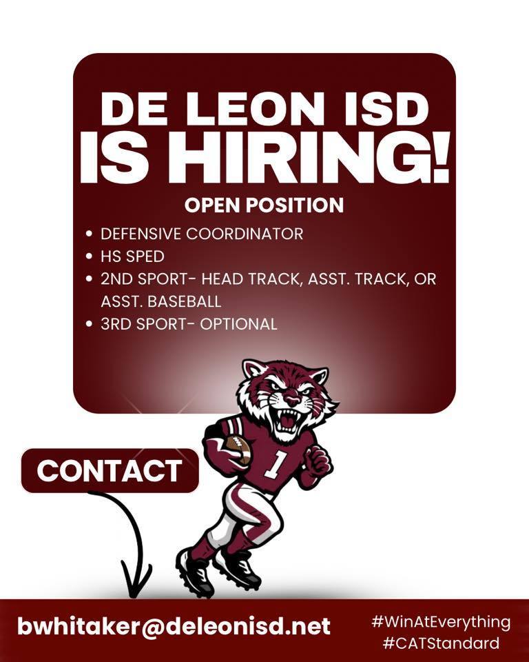 de leon isd is hiring! defensive coordinator position open text graphic