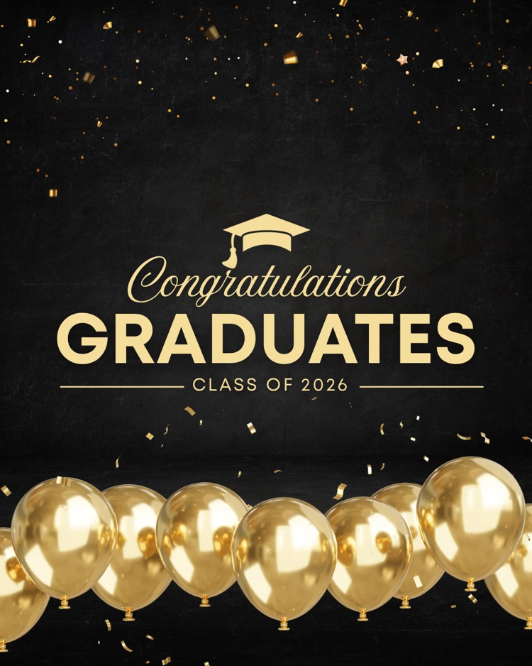 congratulations graduates class of 2026 text with gold balloons and black background 