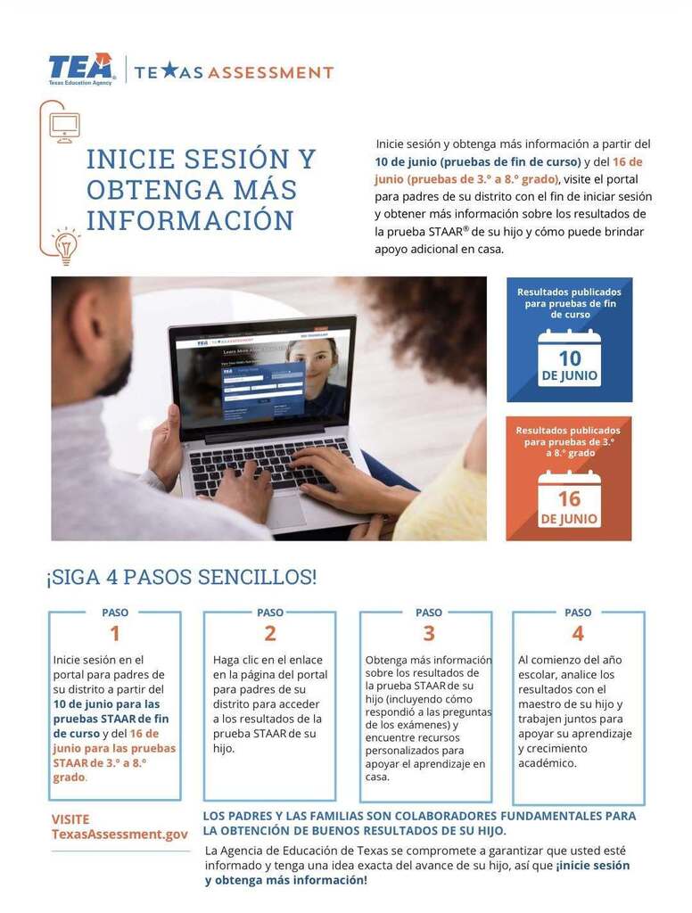 TEA directions to view student's STAAR results flyer in spanish