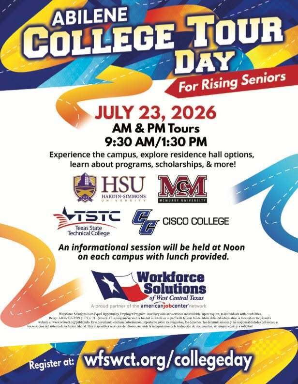 abilene college tour day for rising seniors july 23, 2026 flyer