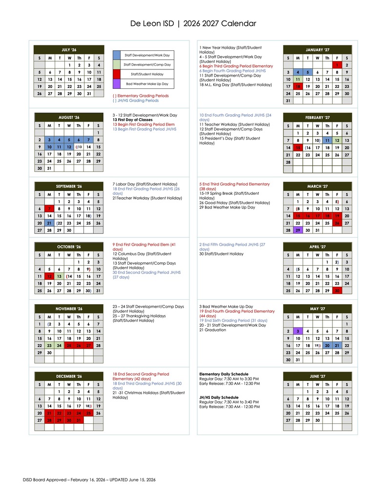 updated board approved school calendar graphic