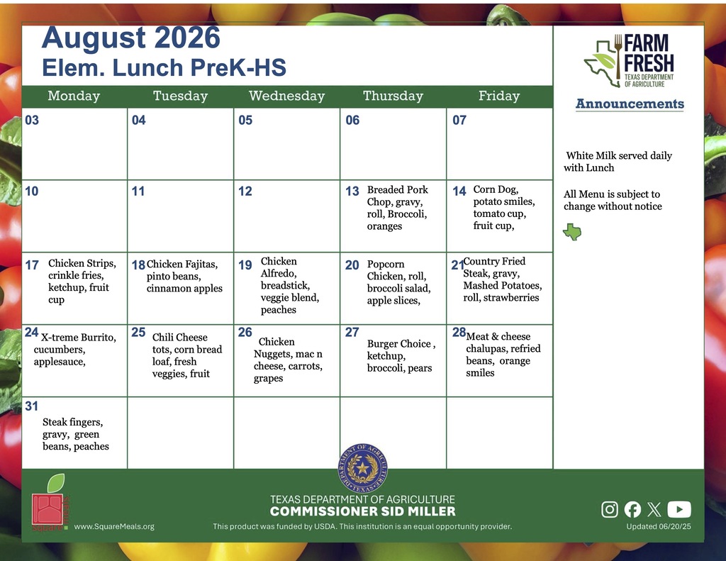 August Elementary pre k head start lunch menu